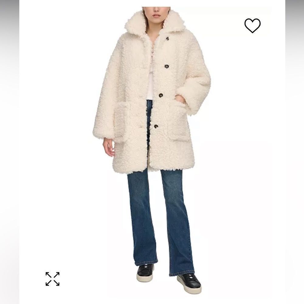 DKNY Button Front Sherpa Teddy Bear Jacket, In Cream White Size Large, NWT